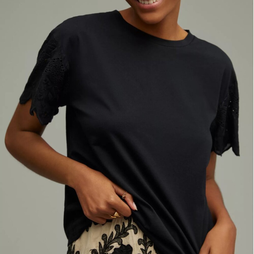 Anthropologie Tiny Jeanine Eyelet Embroidered Tee in Black - Size M